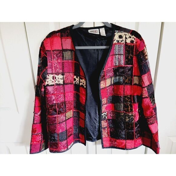Chico's Design 1 Jacket‎ Medium Red Black Patchwork Quilted Silk Blend Blazer - Picture 3 of 8
